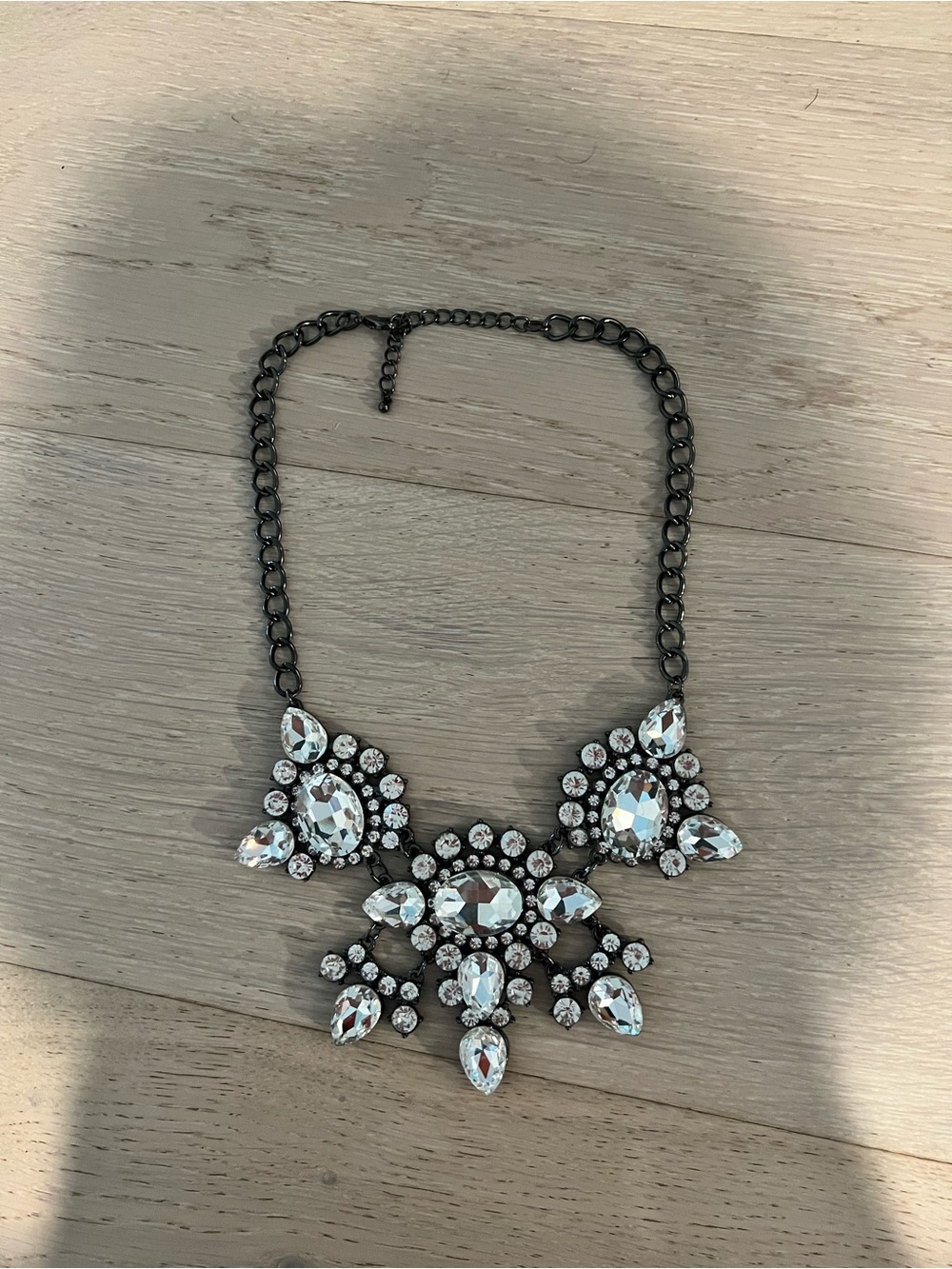 Clear Crystal Bib Necklace in Gunmetal Chain